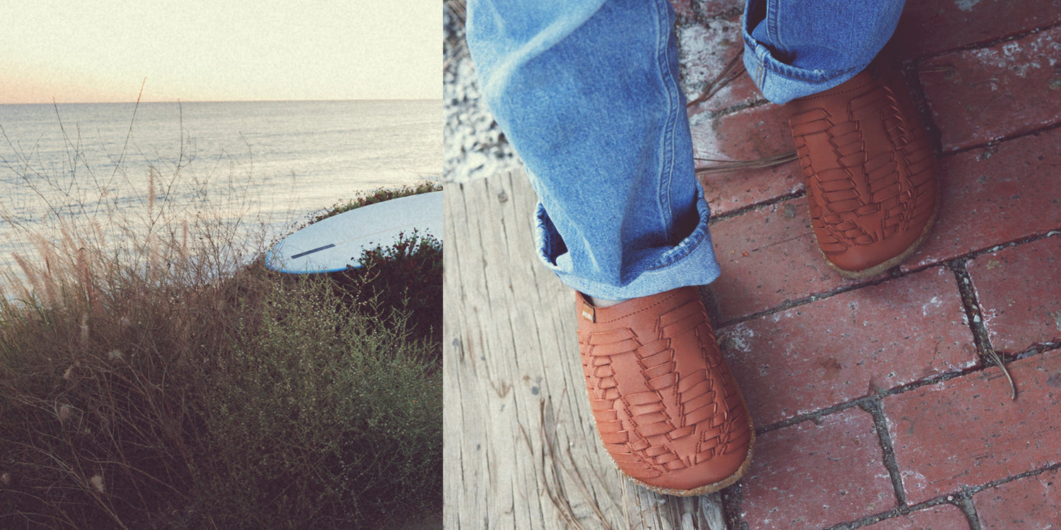 Up close Lifestyle photo of person wearing the Malibu Sandals Thunderbird Clog in rust color.