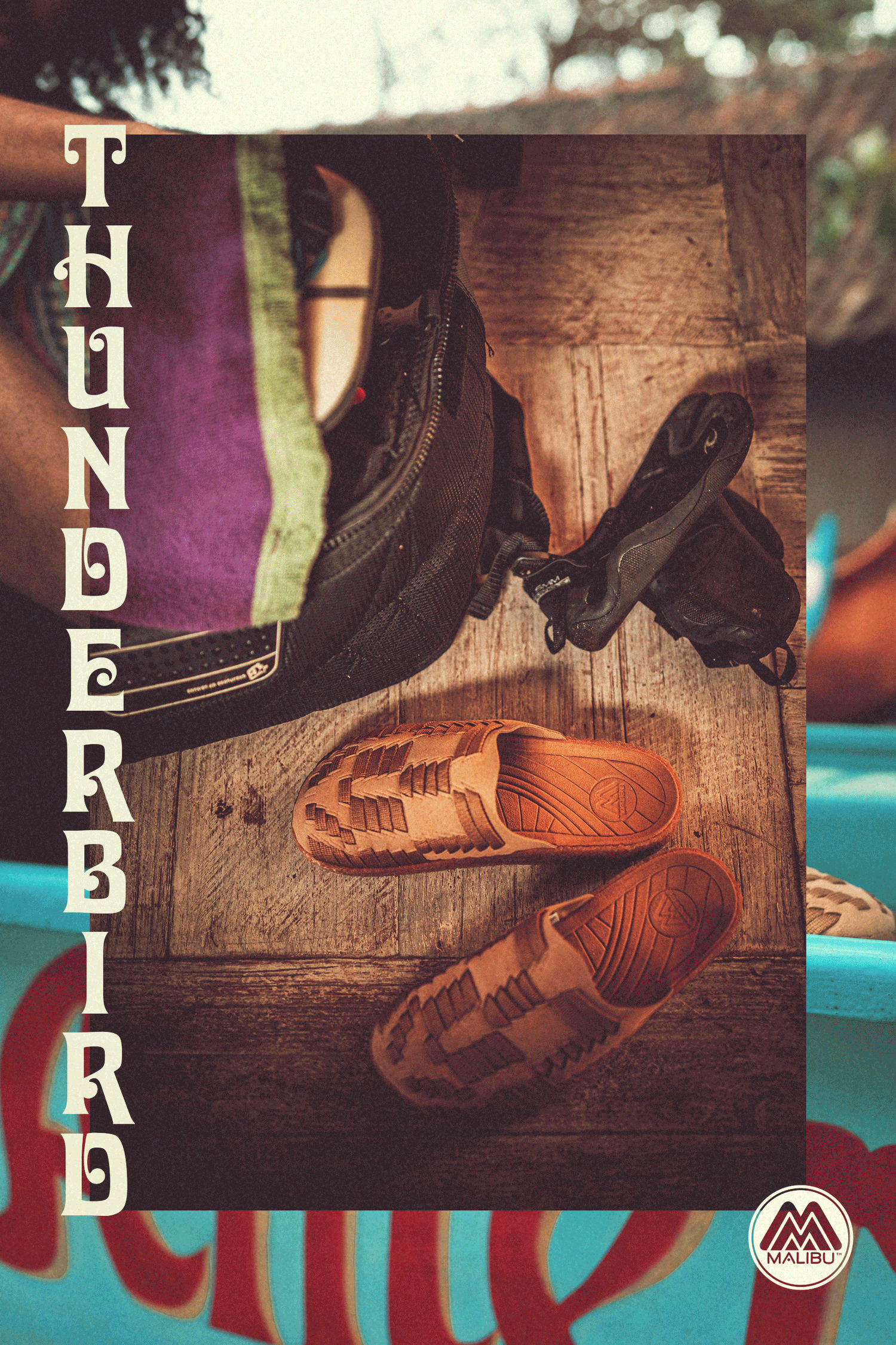 4 various lifestyle photos of Malibu sandals thunderbird in walnut brown and crepe some