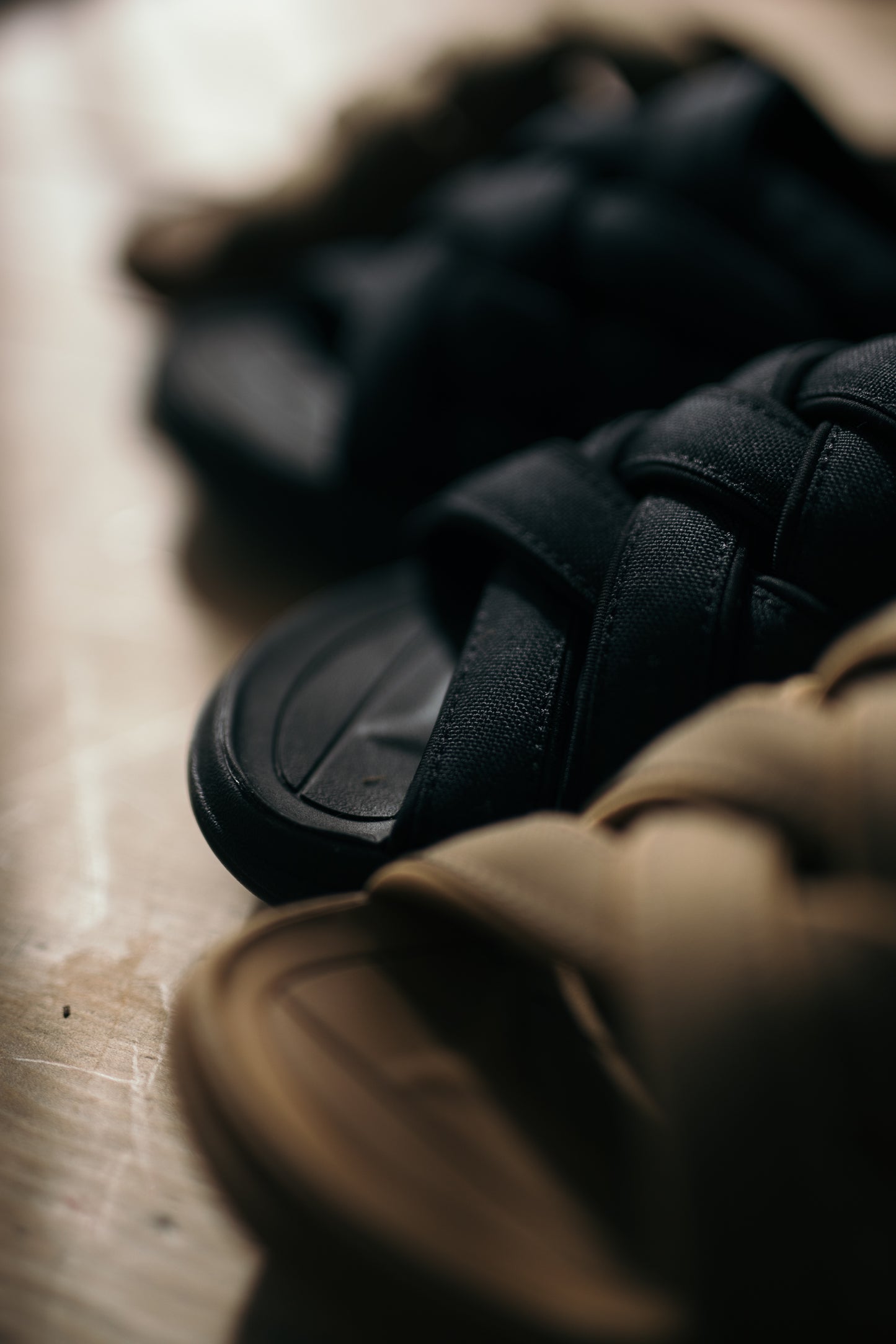Up close photo of the front toe box/foot bed of the Malibu Sandals Zuma LX in black and olive nylon 